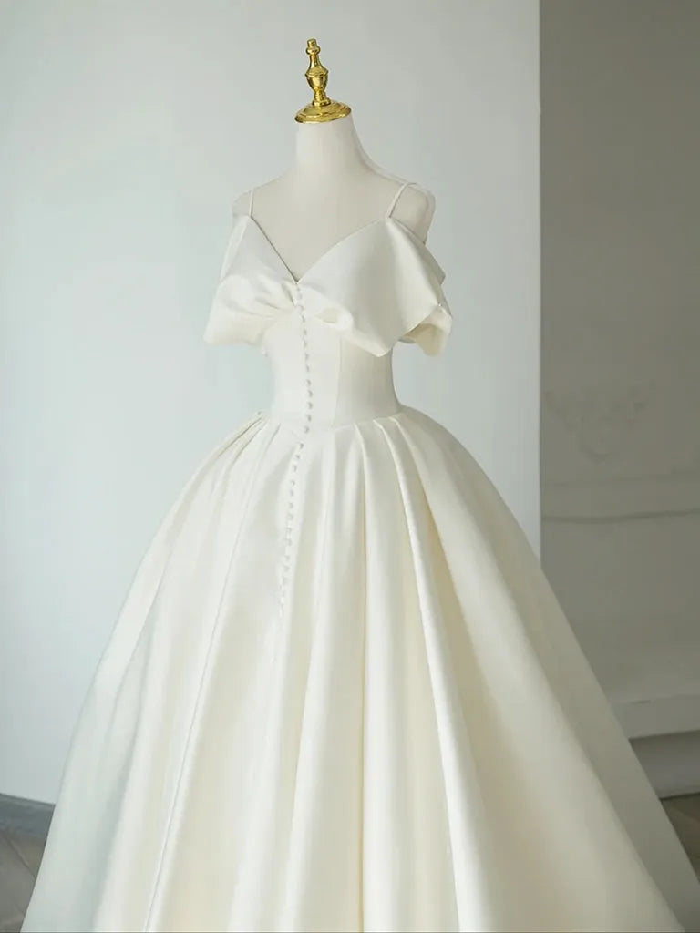 A-Line V Neck Satin ivory Long Prom Dress  ivory Long Formal Dress