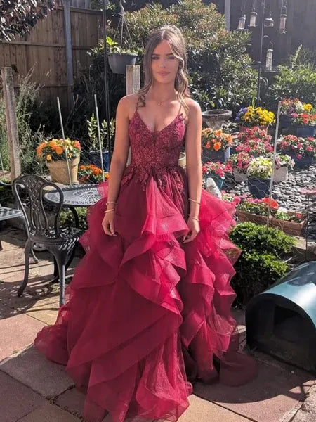 A-Line V Neck Spaghetti Strap Applique Layers Ruffle Burgundy Long Prom Dress