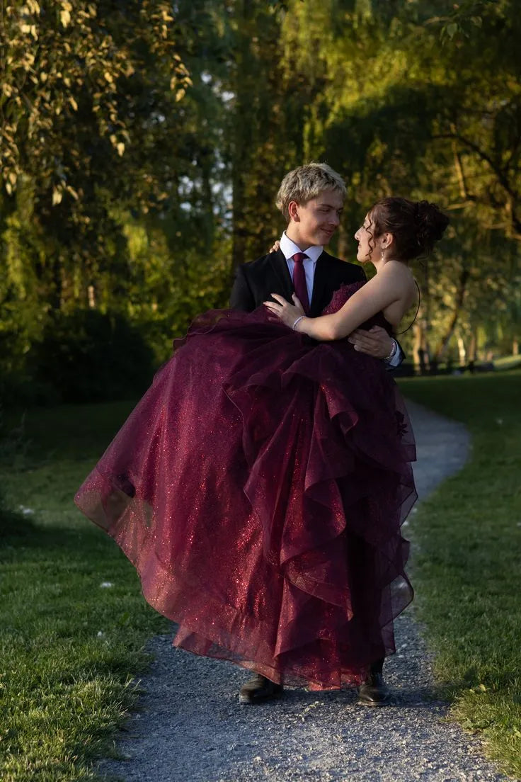 A-Line V Neck Spaghetti Strap Ruffle Tiered Tulle Burgundy Long Evening Dress