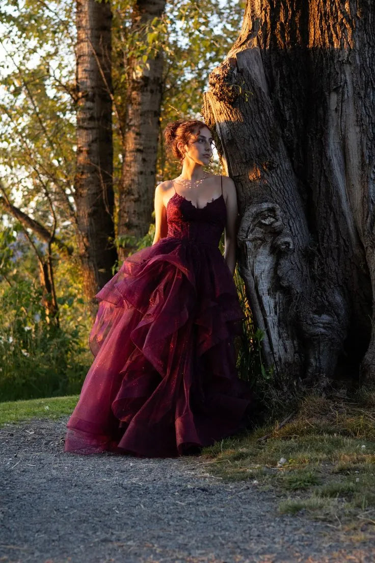 A-Line V Neck Spaghetti Strap Ruffle Tiered Tulle Burgundy Long Evening Dress