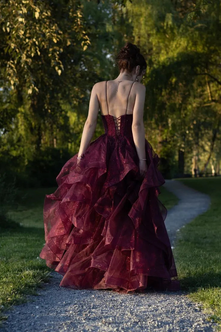 A-Line V Neck Spaghetti Strap Ruffle Tiered Tulle Burgundy Long Evening Dress