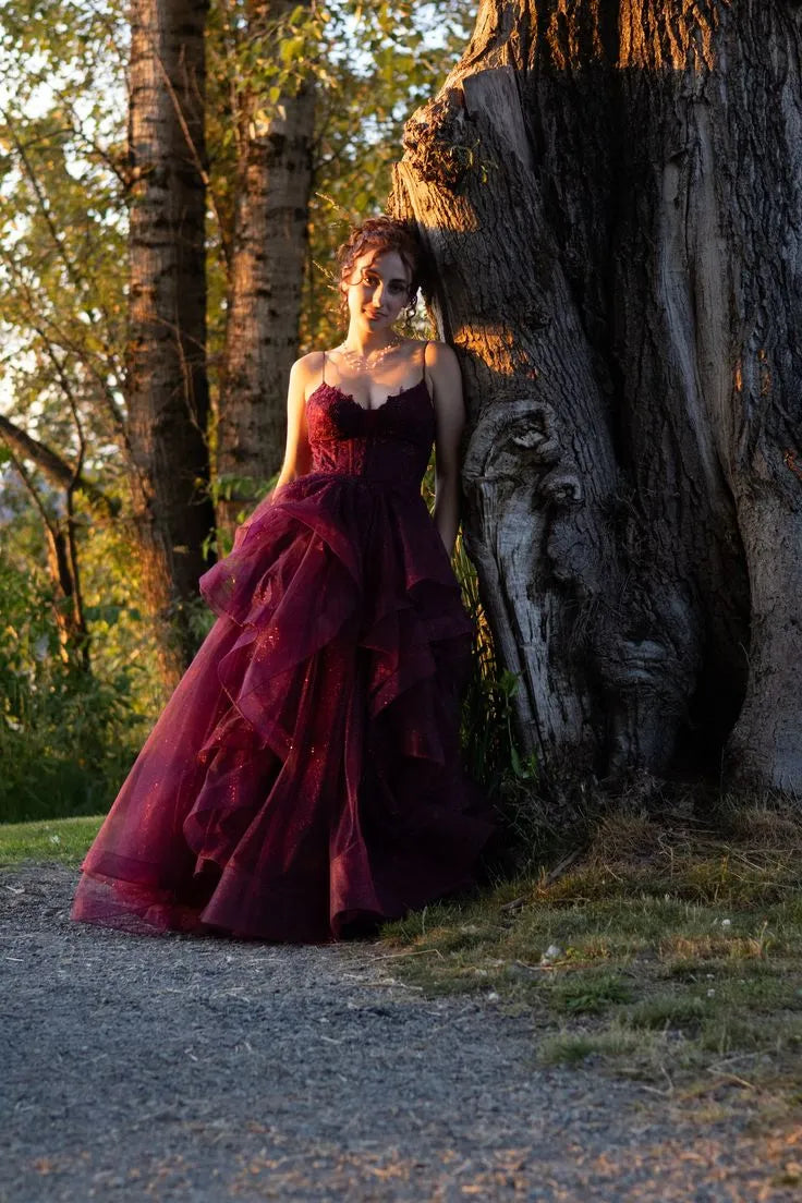 A-Line V Neck Spaghetti Strap Ruffle Tiered Tulle Burgundy Long Evening Dress