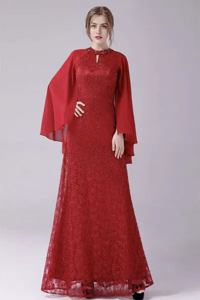 A-Line ankle-length high collar beaded mother's dress