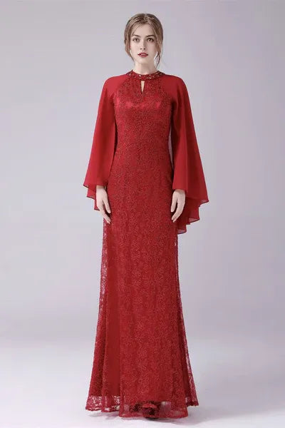 A-Line ankle-length high collar beaded mother's dress
