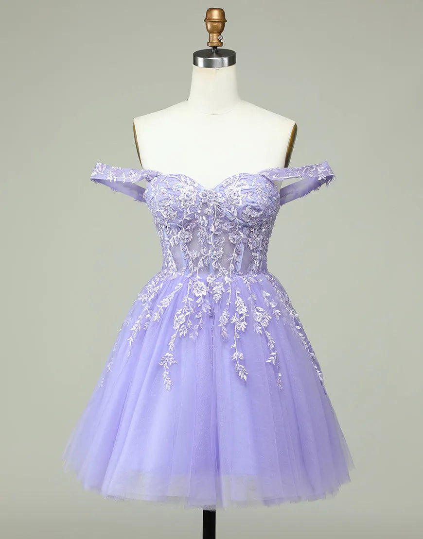 DingJiDress A-Line Off The Shoulder Short Tulle Dress With Appliques