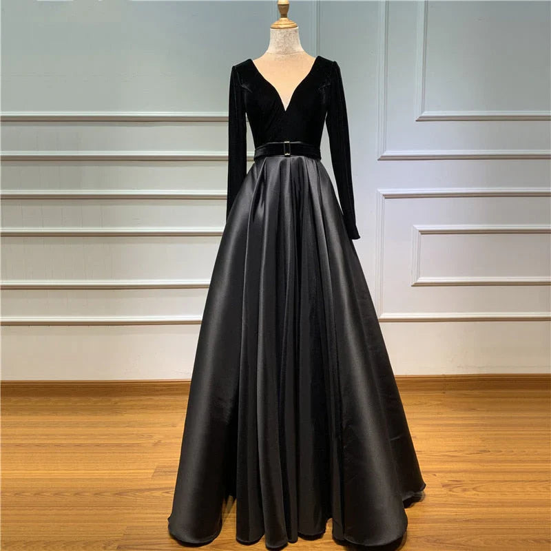 DingJiDress Prom Dresses A line Long Sleeve Burgundy Satin Deep V Neck High Slit Evening Dress