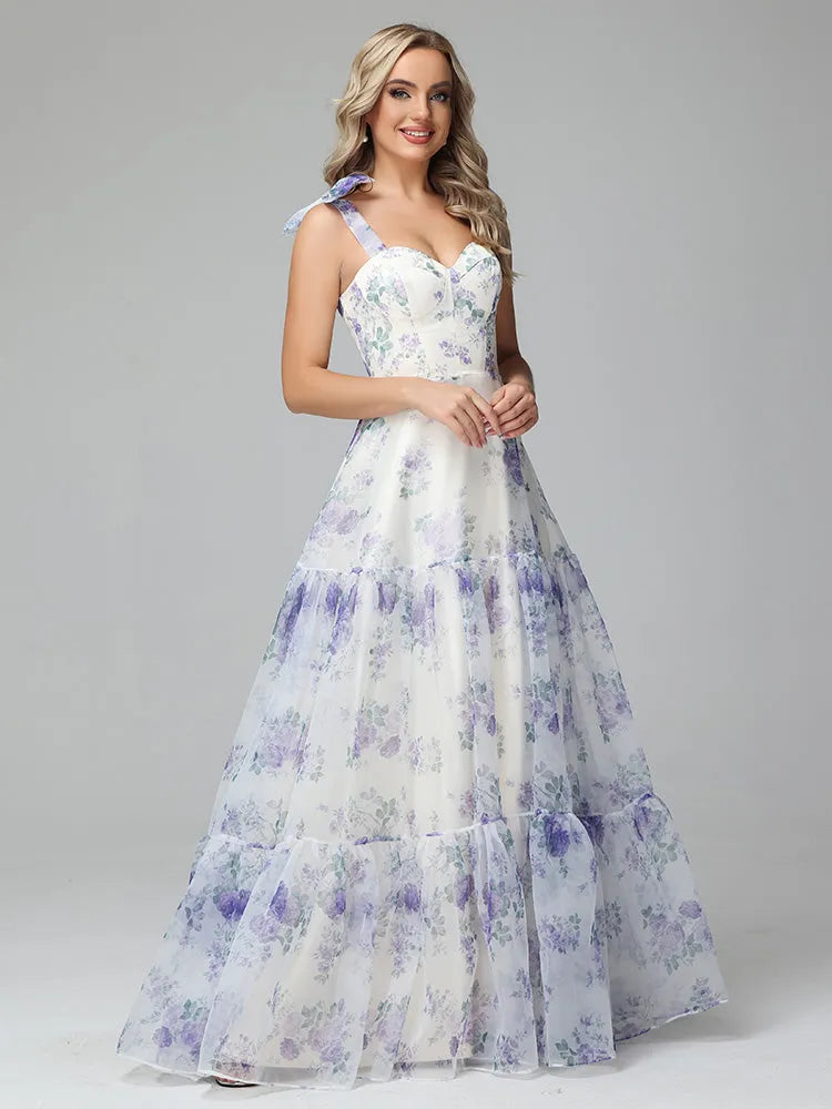 A-line Floral Print Lace Up Floor Length Wedding Guest Dresses