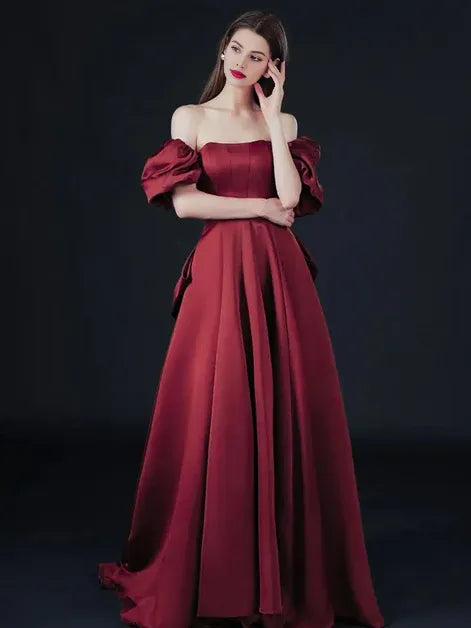 A-line Off-the-Shoulder Short Sleeves Satin Wine Red Long Prom Dress With Bow