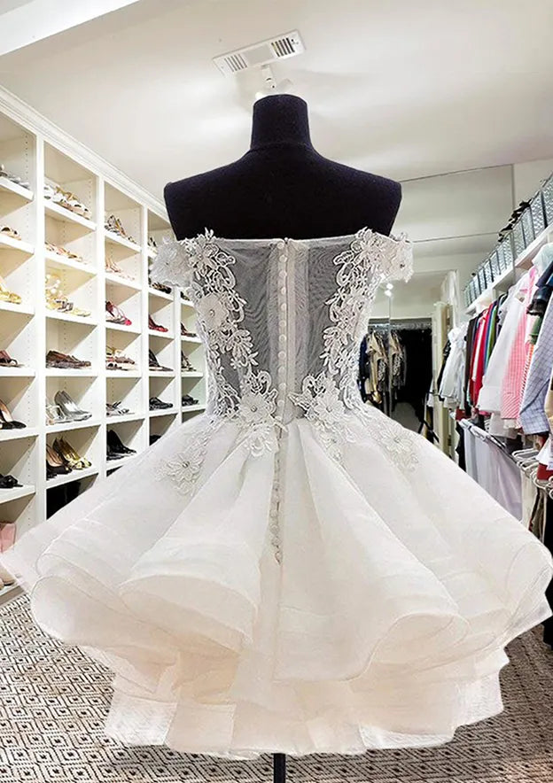 A-line Off-the-Shoulder Sleeveless Organza Short/Mini Homecoming Dress With Appliqued Beading Lace