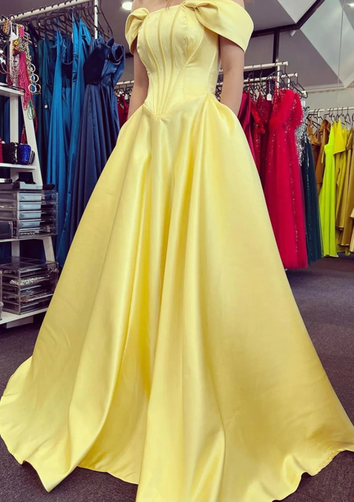 A-line Off-the-Shoulder Strapless Long/Floor-Length Satin Prom Dress With Pleated