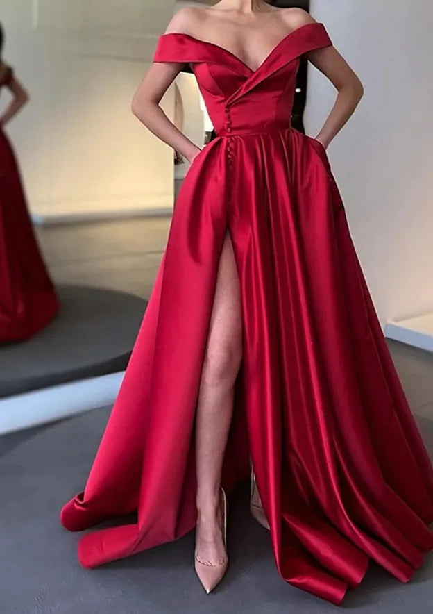 A-line Off-the-Shoulder Sweep Train Satin Prom Dress With Pleated Split