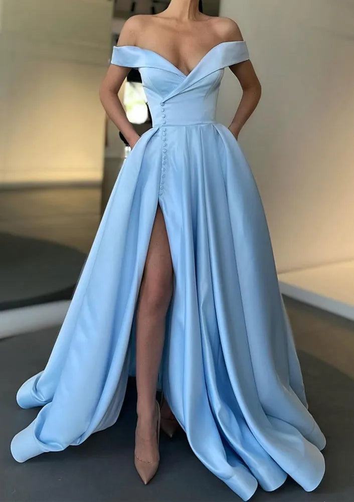 A-line Off-the-Shoulder Sweep Train Satin Prom Dress With Pleated Split