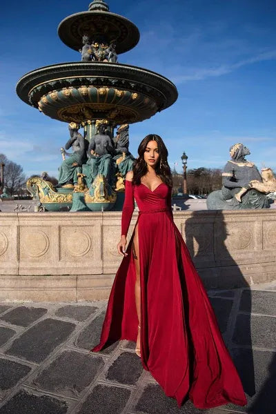 A-line Portrait V-neck Long Sleeve Front Slit Floor Length Chiffon Evening Dress