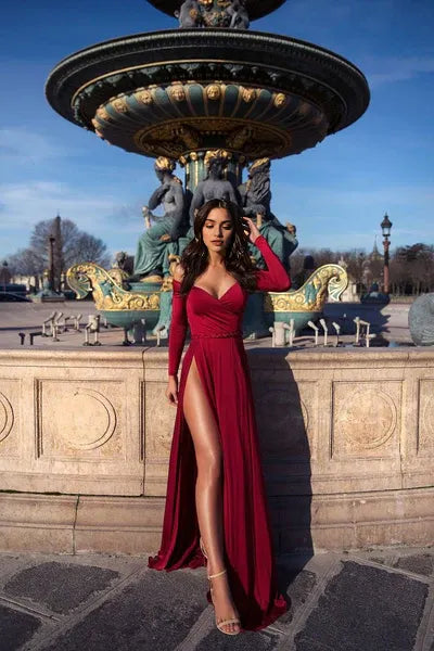 A-line Portrait V-neck Long Sleeve Front Slit Floor Length Chiffon Evening Dress