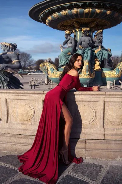 A-line Portrait V-neck Long Sleeve Front Slit Floor Length Chiffon Evening Dress