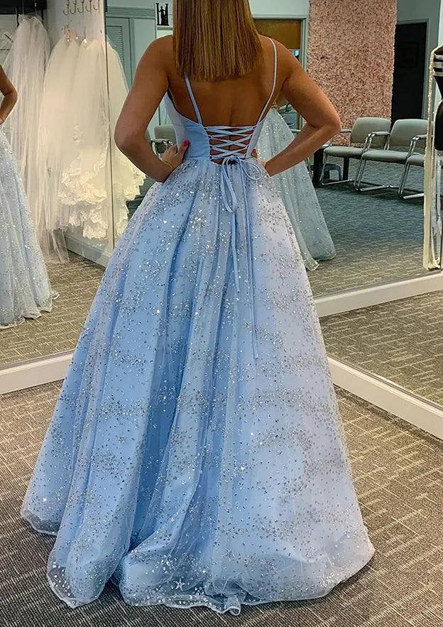 A-line Princess Sweetheart Sleeveless Tulle Satin Sweep Train Prom Dress With Glitter