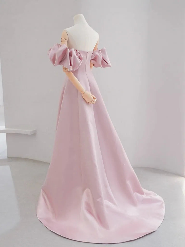 A-line Puff Sleeves Satin Pink Long Prom Dress