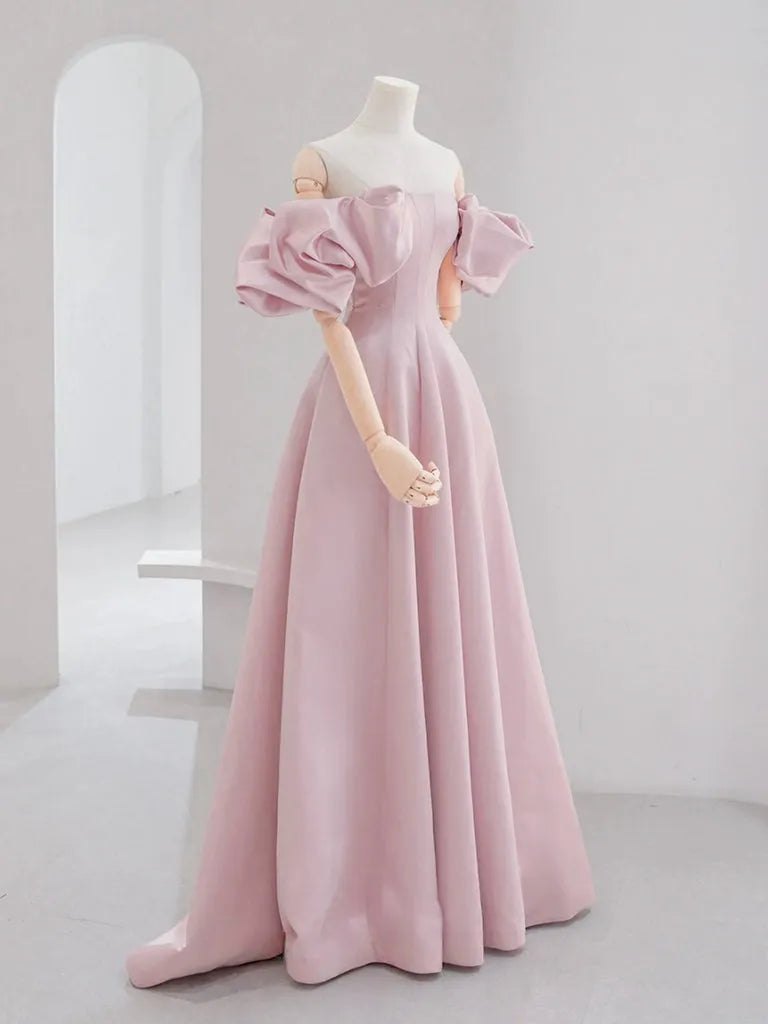 A-line Puff Sleeves Satin Pink Long Prom Dress