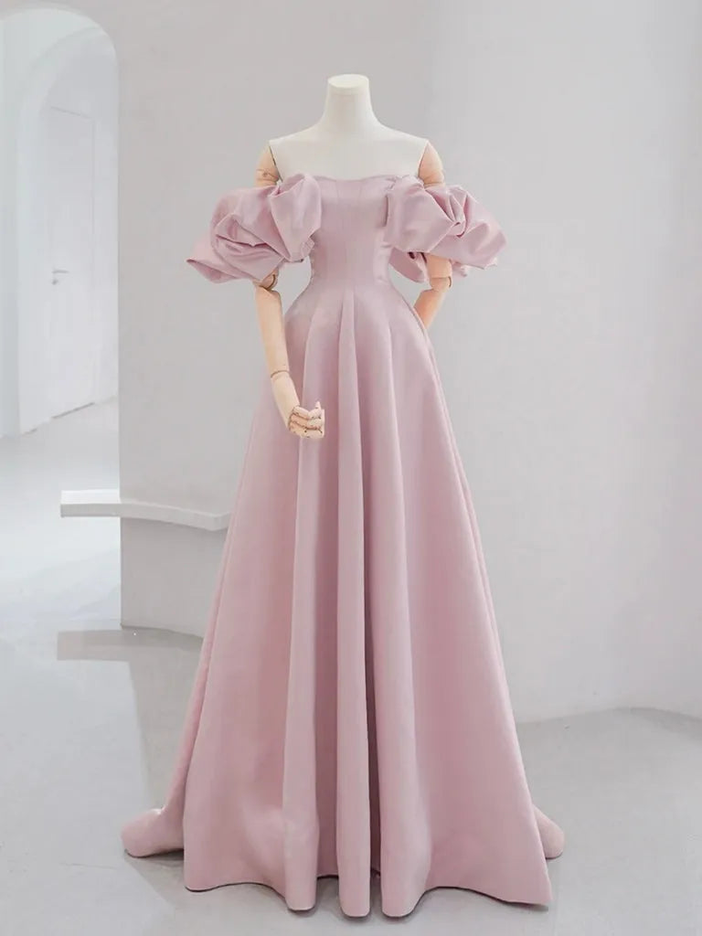 A-line Puff Sleeves Satin Pink Long Prom Dress