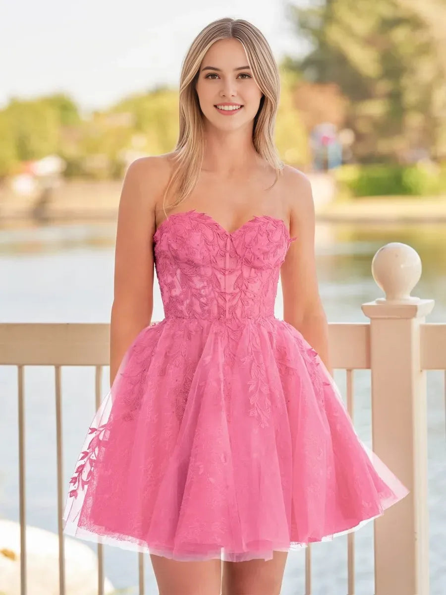 A-line Red Sweetheart Appliques Lace Homecoming Dress With Corset Back