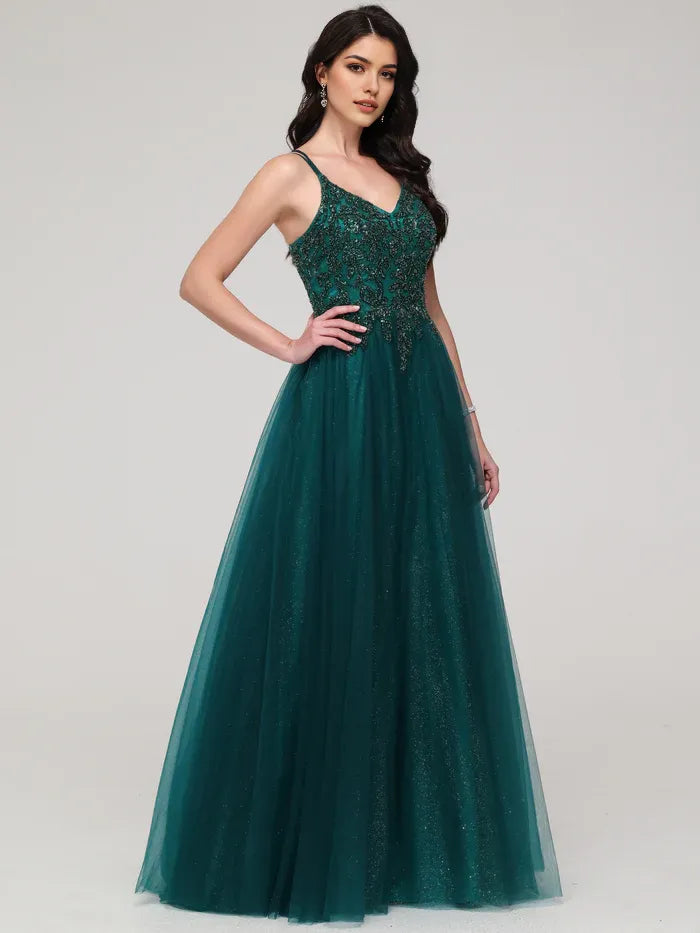 A-line Spaghetti Straps Beaded Long Tulle Prom Dress