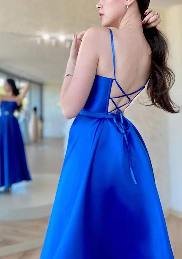 A-line Square Neckline Spaghetti Straps Ankle-Length Satin Prom Dress With Waistband