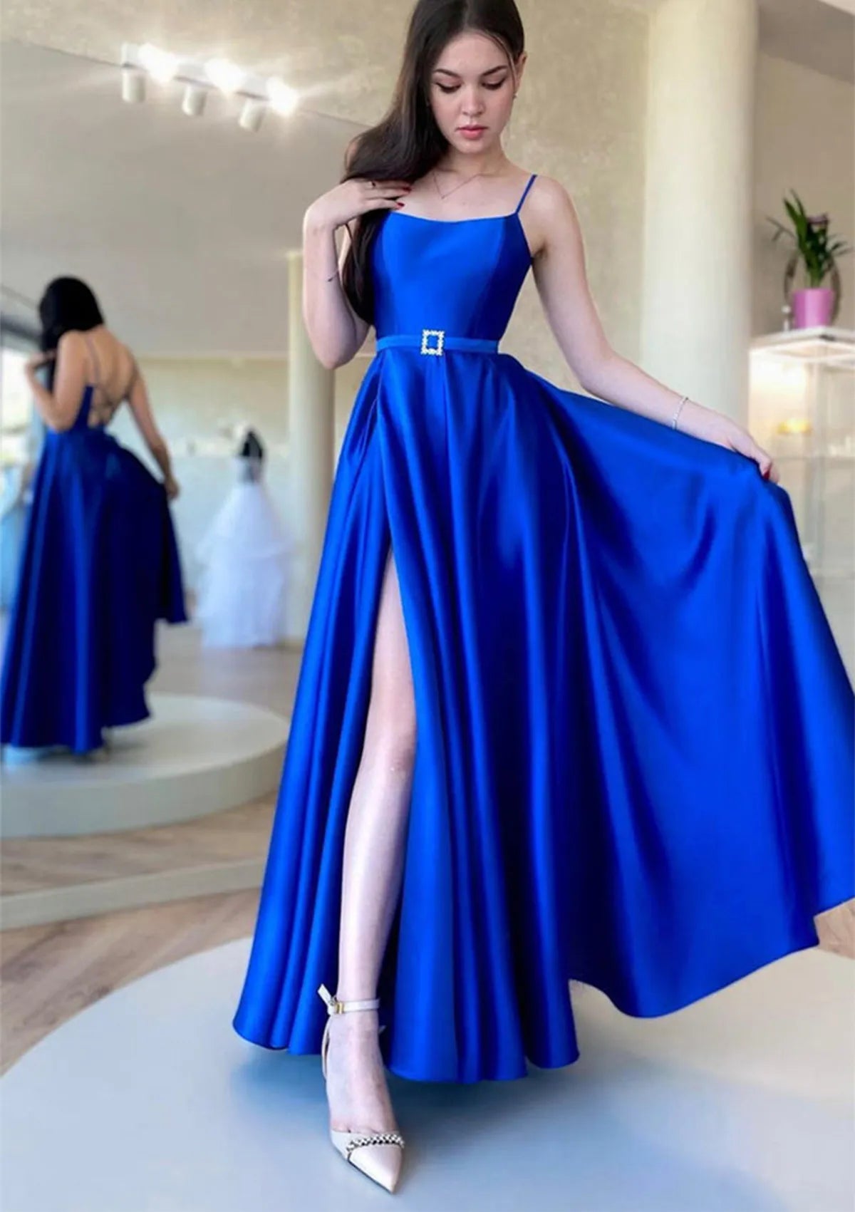 A-line Square Neckline Spaghetti Straps Ankle-Length Satin Prom Dress With Waistband
