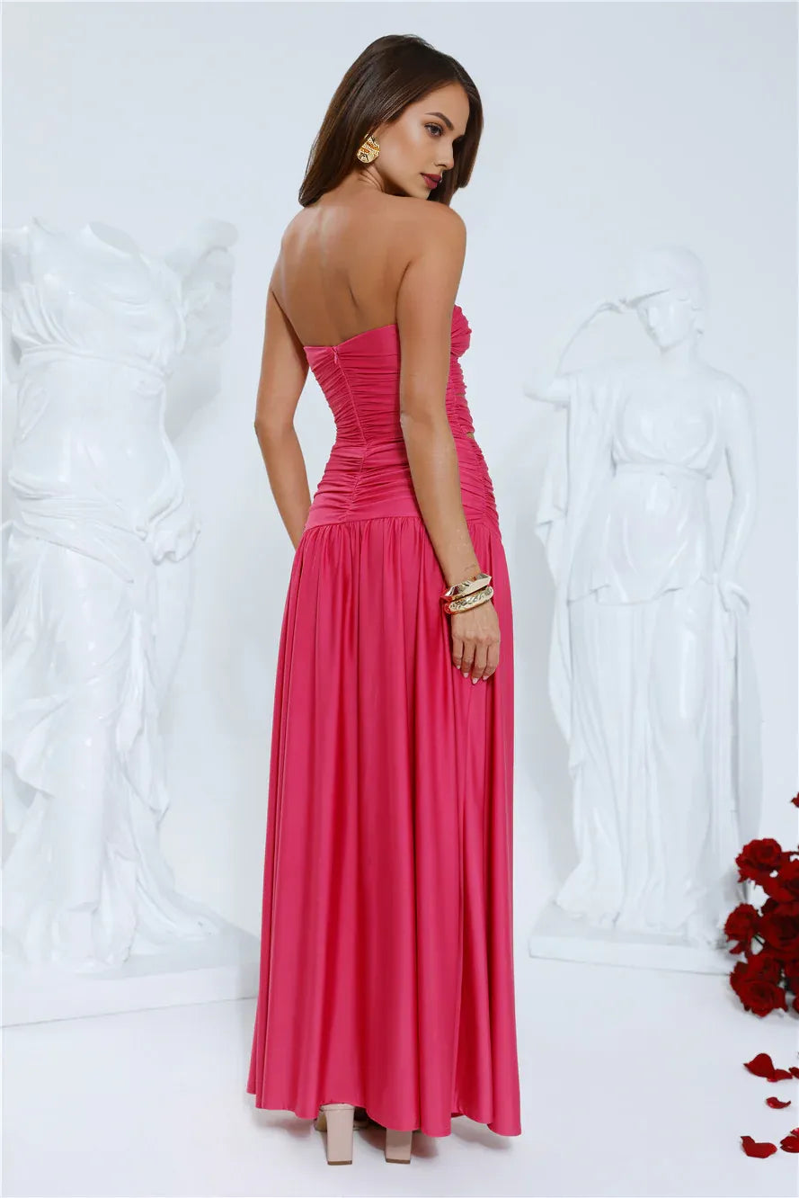 A-line Strapless 3D Flower Pleated Cutout Pink Maxi Prom Dress With Side Slit