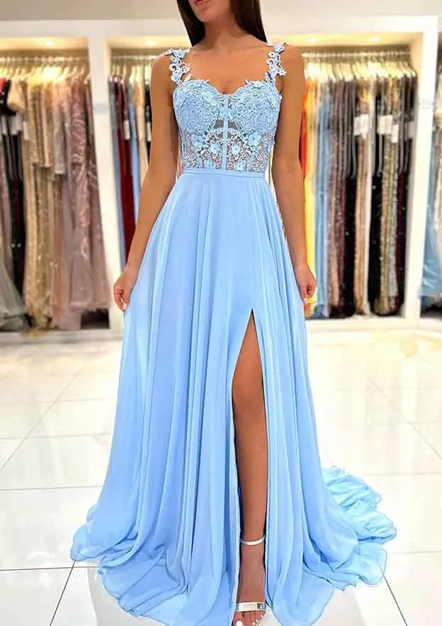 A-line Sweetheart Sleeveless Sweep Train Chiffon Prom Dress With Appliqued Split ﻿