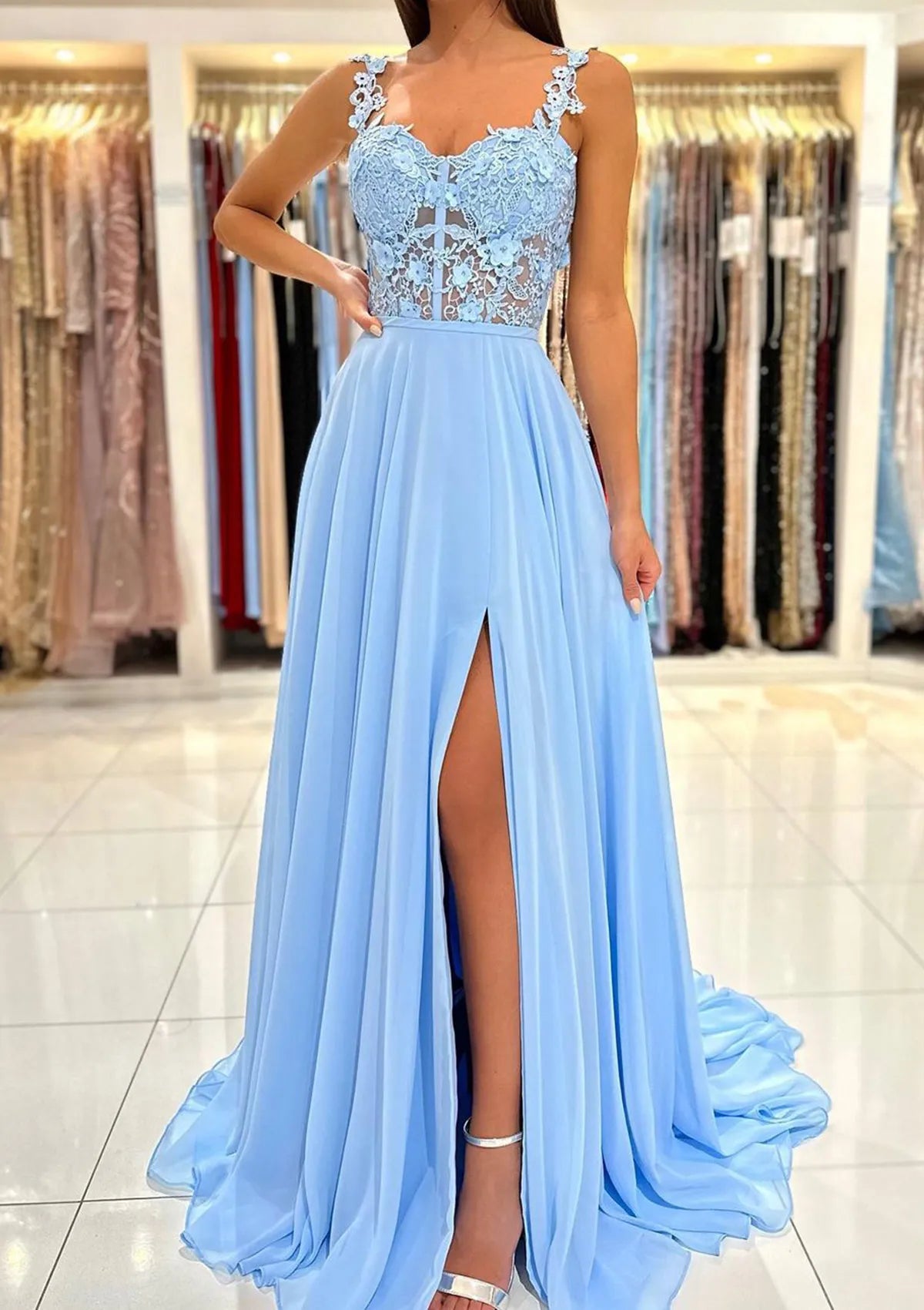 A-line Sweetheart Sleeveless Sweep Train Chiffon Prom Dress With Appliqued Split ﻿