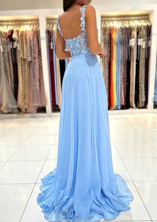 A-line Sweetheart Sleeveless Sweep Train Chiffon Prom Dress With Appliqued Split ﻿