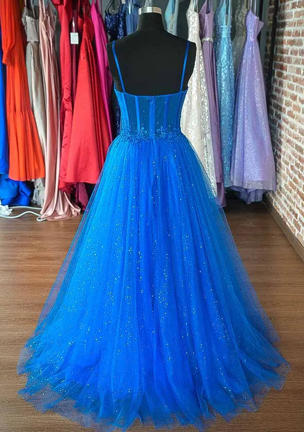 A-line Sweetheart Sleeveless Sweep Train Tulle Glitter Prom Dress With Appliqued