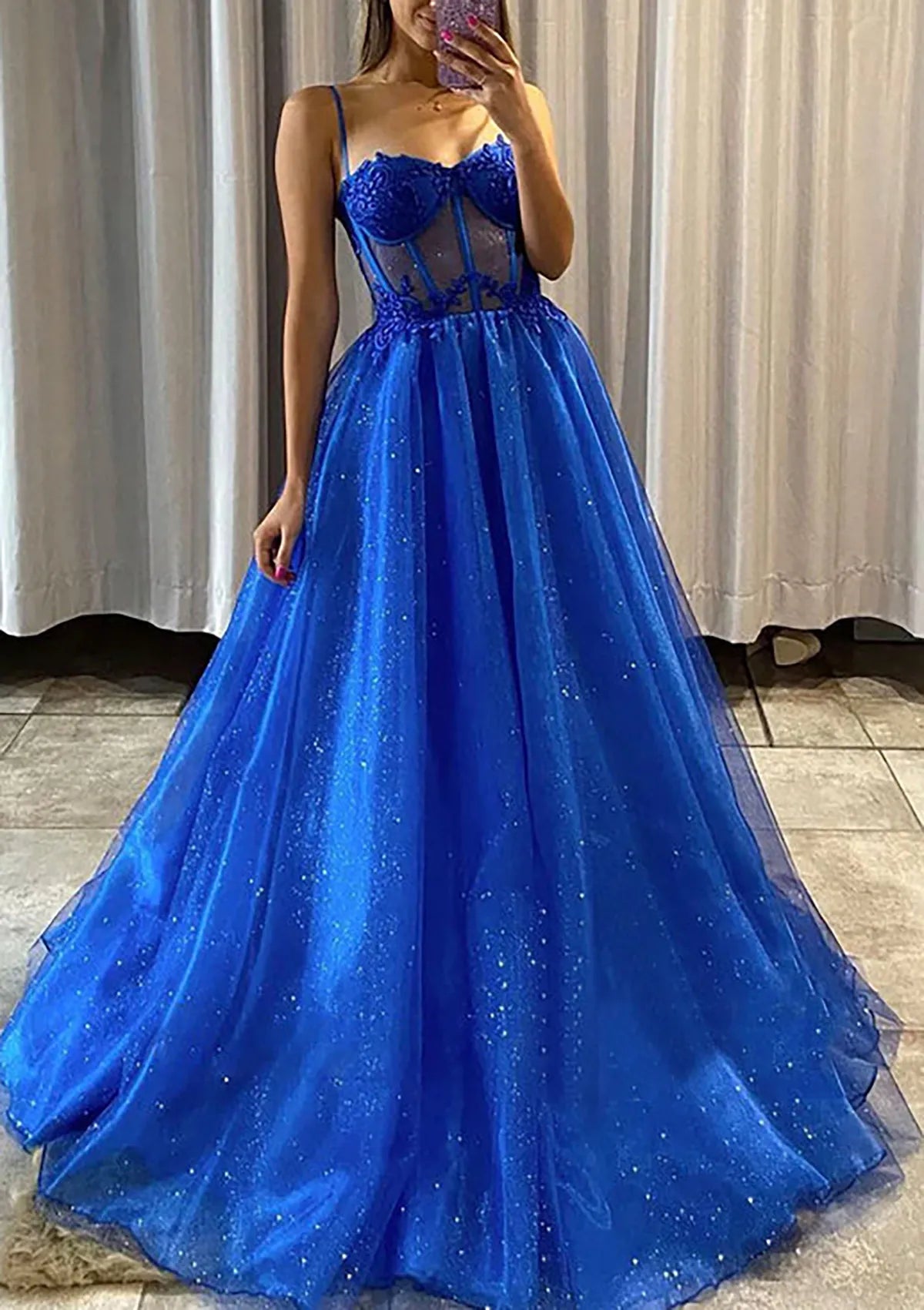 A-line Sweetheart Sleeveless Sweep Train Tulle Glitter Prom Dress With Appliqued