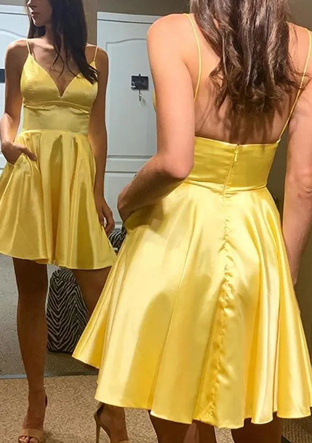 A-line V Neck Sleeveless Charmeuse Short/Mini Homecoming Dresses With