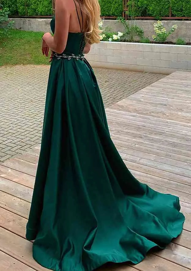 Emerald Green Satin Prom Dress with Crisscross Straps Rhinestone Belt A Regal Choice for Glamorous Nights