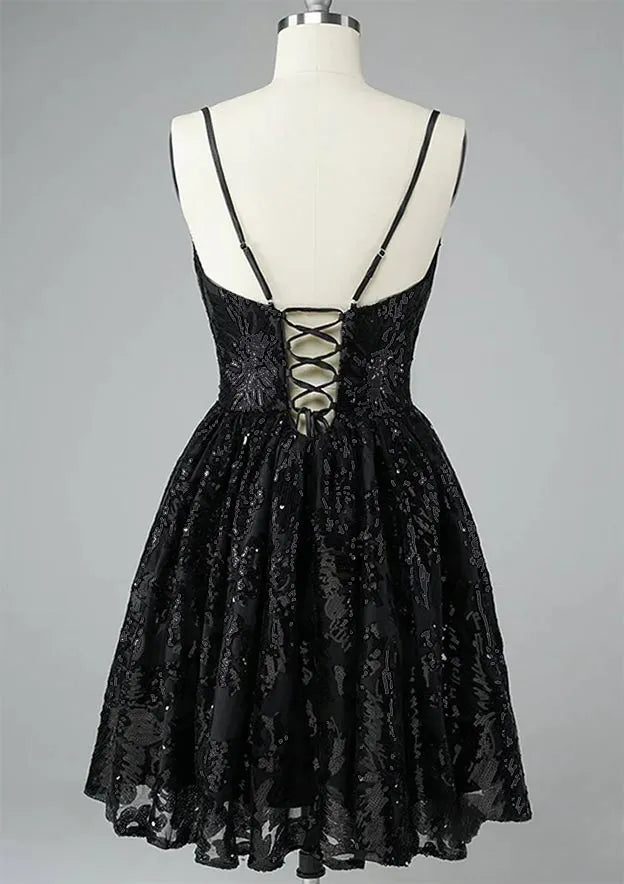 A-line V Neck Sleeveless Sequined Short/Mini Homecoming Dress With Beading