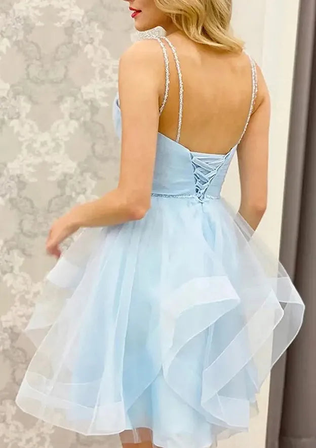 A-line V Neck Sleeveless Tulle Short/Mini Homecoming Dress With Beading Pleated