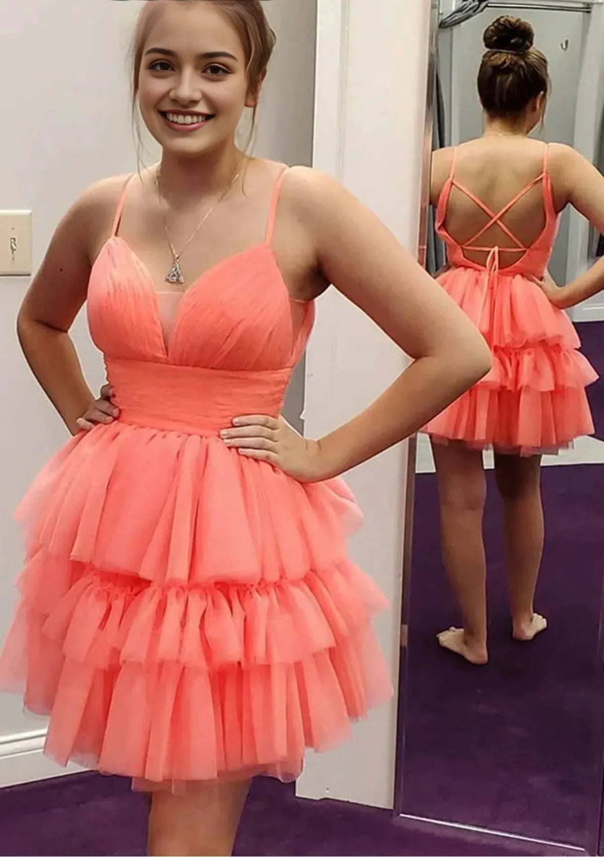 A-line V Neck Sleeveless Tulle Short/Mini Homecoming Dress With Pleated Ruffles ﻿