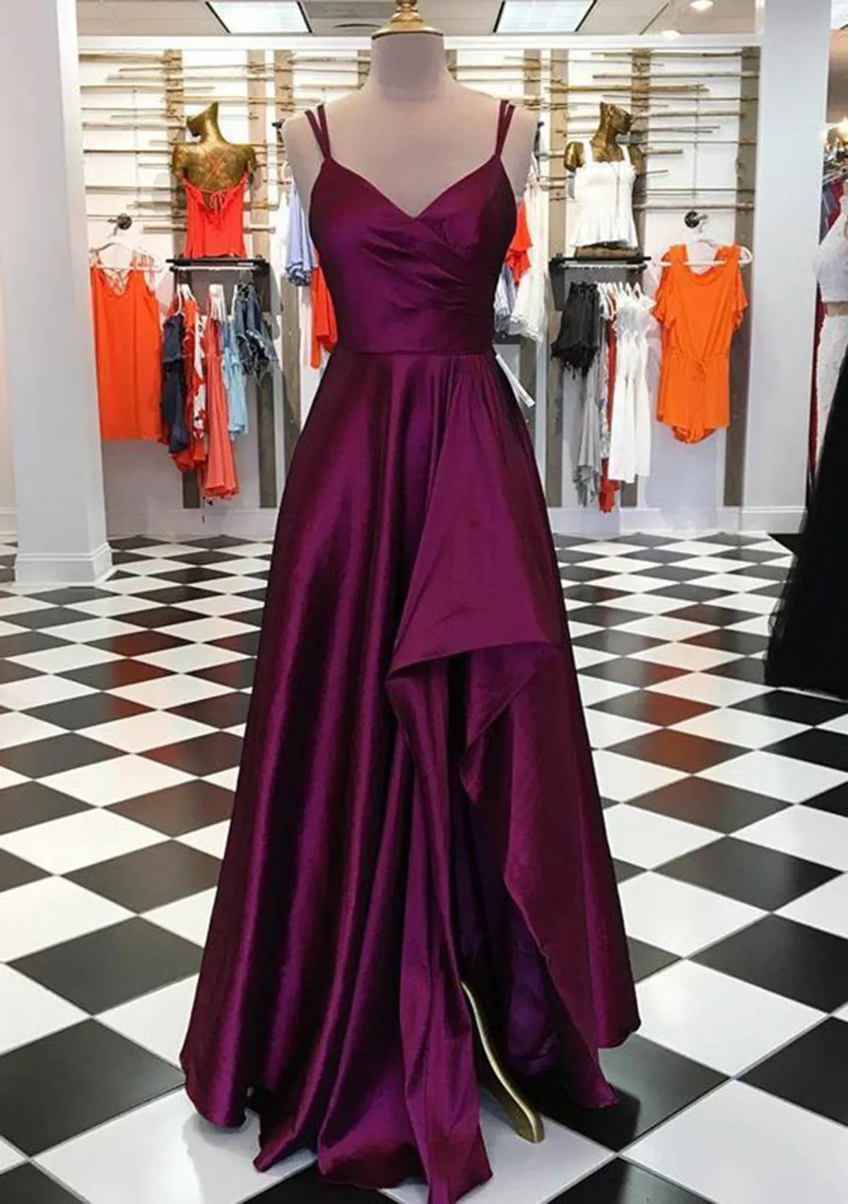 A-line V Neck Spaghetti Straps Long/Floor-Length Satin Prom Dress With Pleated Split
