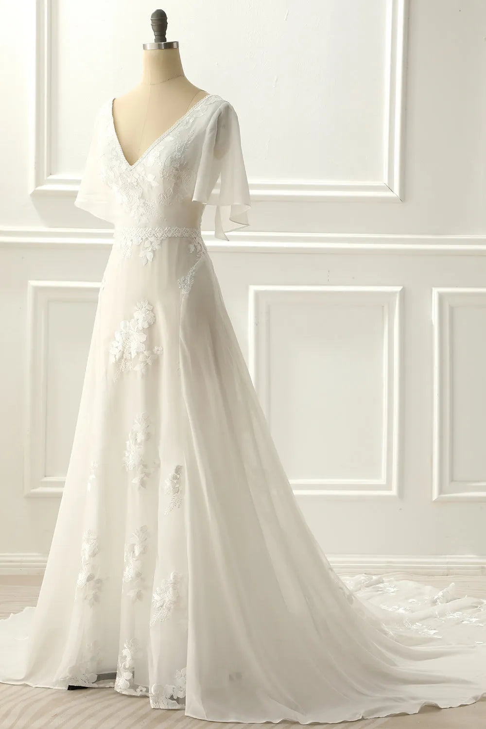 A-line V neck Floor-length Ivory Appliques Wedding Dress