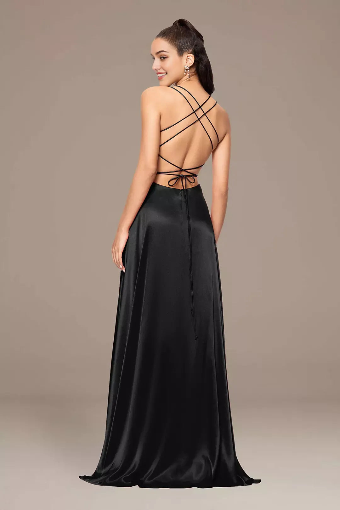 A-line long slim shoulder strap dress with applique corset