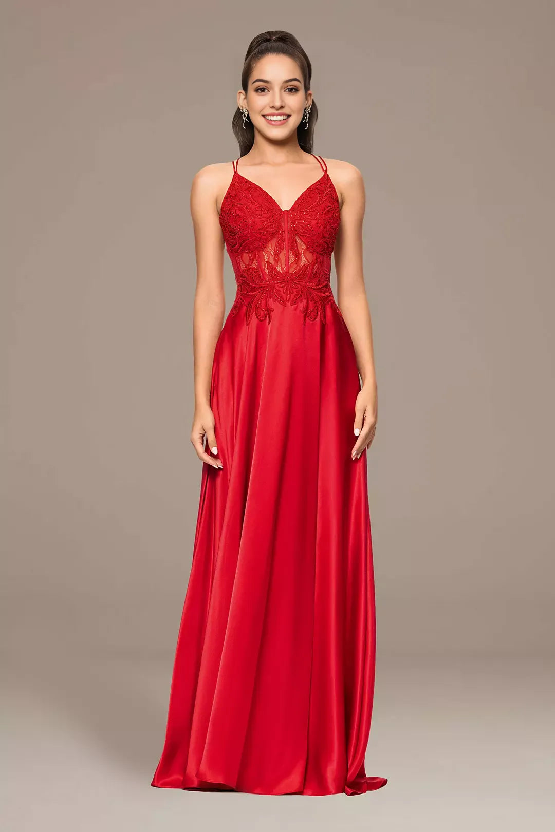 A-line long slim shoulder strap dress with applique corset