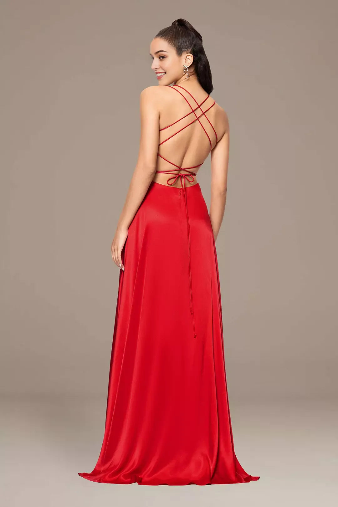 A-line long slim shoulder strap dress with applique corset