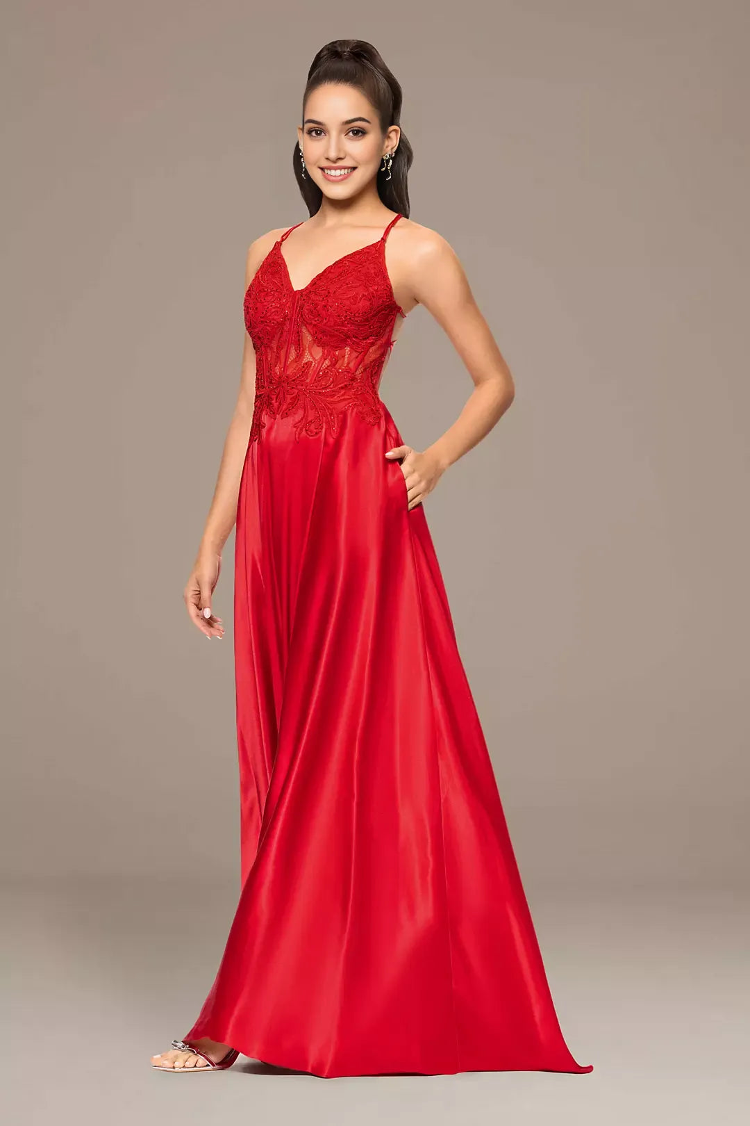A-line long slim shoulder strap dress with applique corset