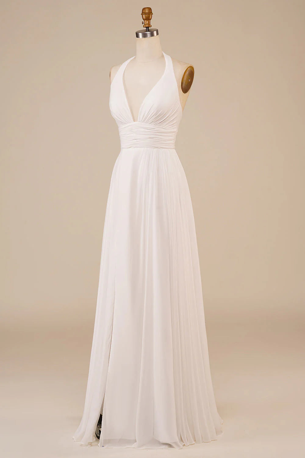 A-line suspender ivory swept train wedding dress with slit