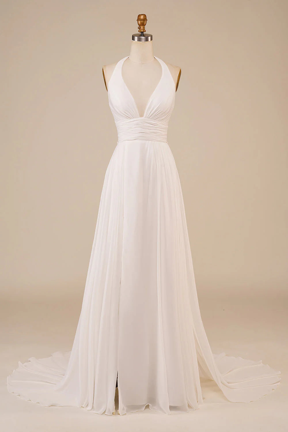 A-line suspender ivory swept train wedding dress with slit