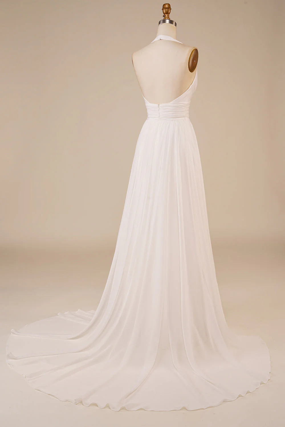 A-line suspender ivory swept train wedding dress with slit