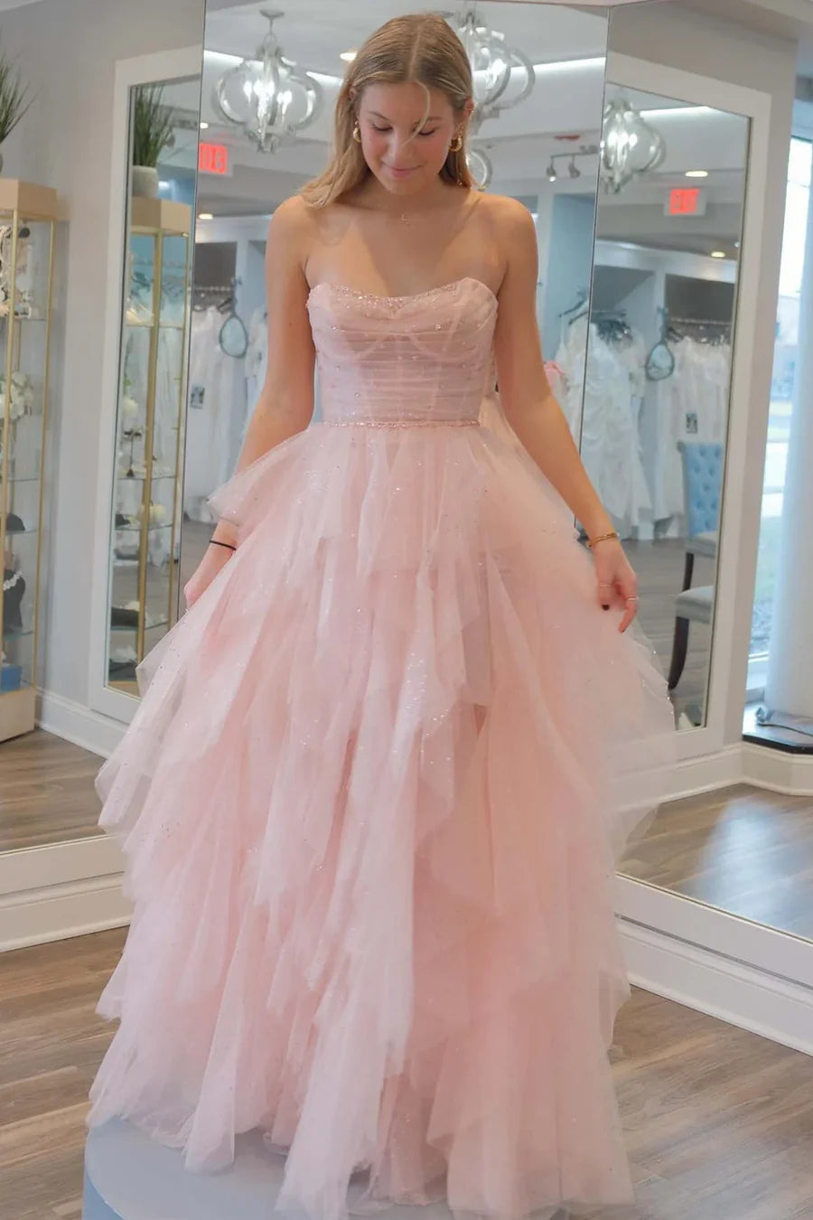 Glamorous Strapless Ruffled Pink Floor-Length Party Dress