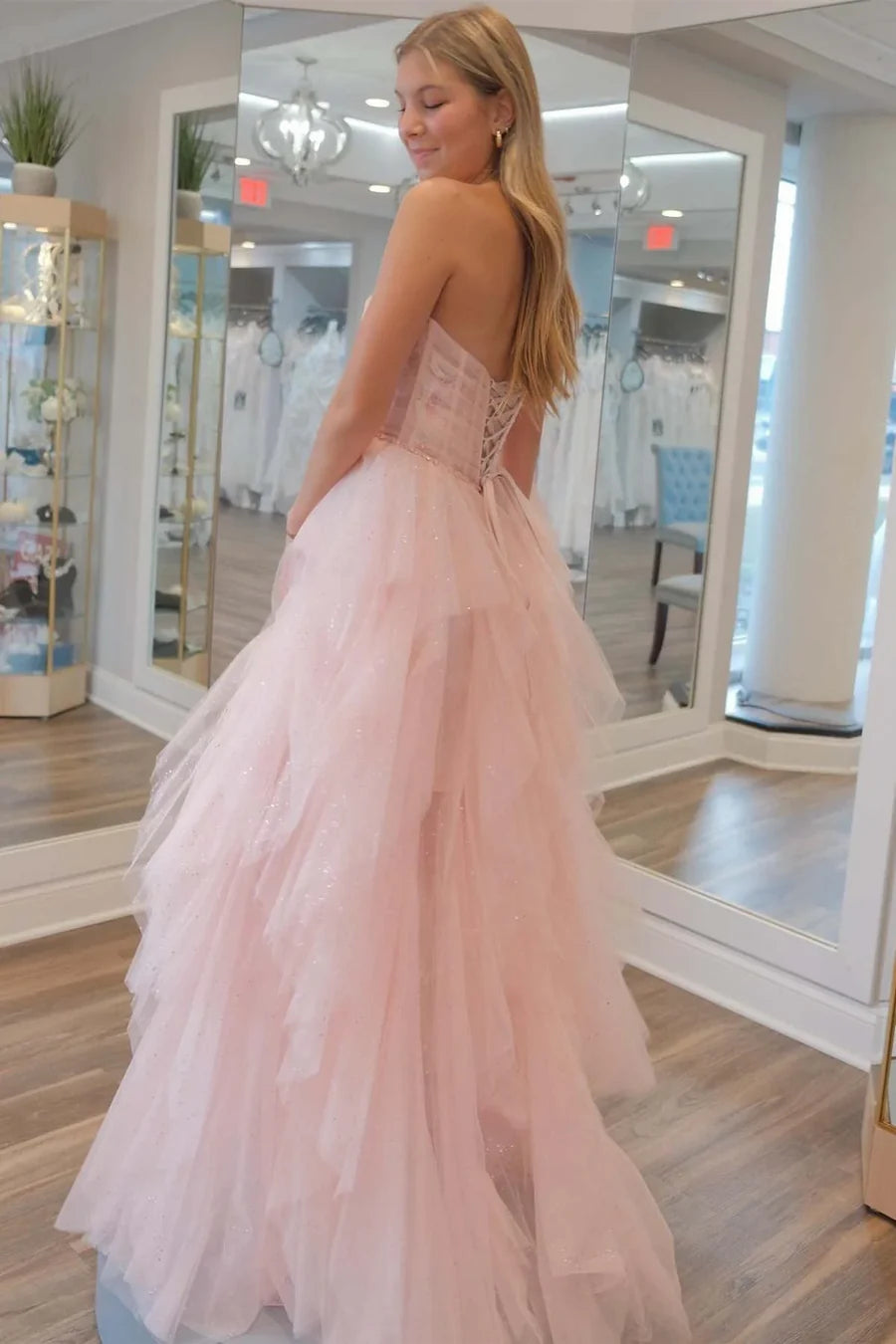 Glamorous Strapless Ruffled Pink Floor-Length Party Dress