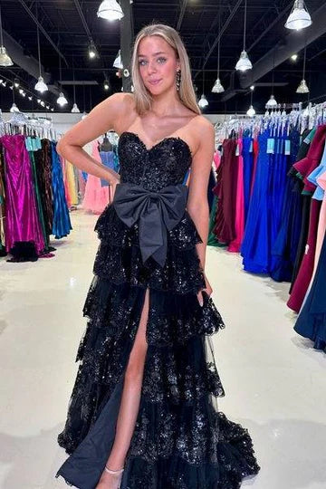 Glamorous Mermaid Strapless Bow Black Floor-Length Prom Dress